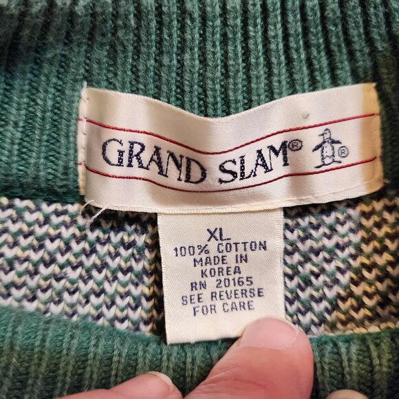 Vintage Rare XL Grand Slam Mock Neck Pullover Knit Graphic Green Golf Sweater - Picture 3 of 6